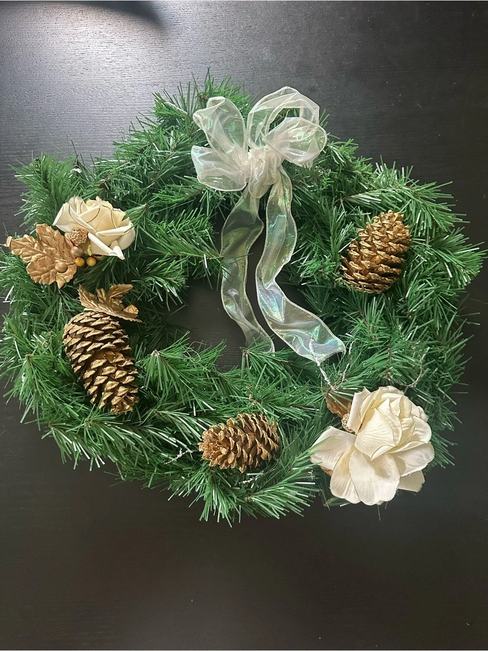 Christmas Wreath with Green Pine , Gold Accents and Ivory Flowers